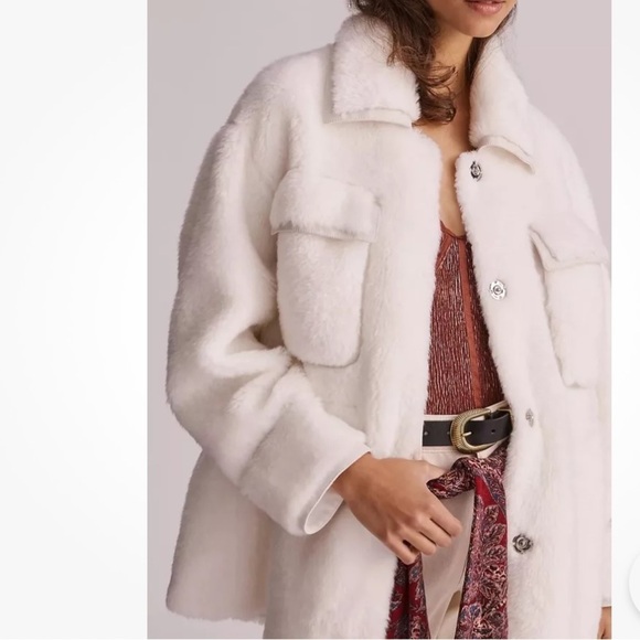 Anthropologie Maeve White Cinched Faux Fur Coat - Picture 16 of 16
